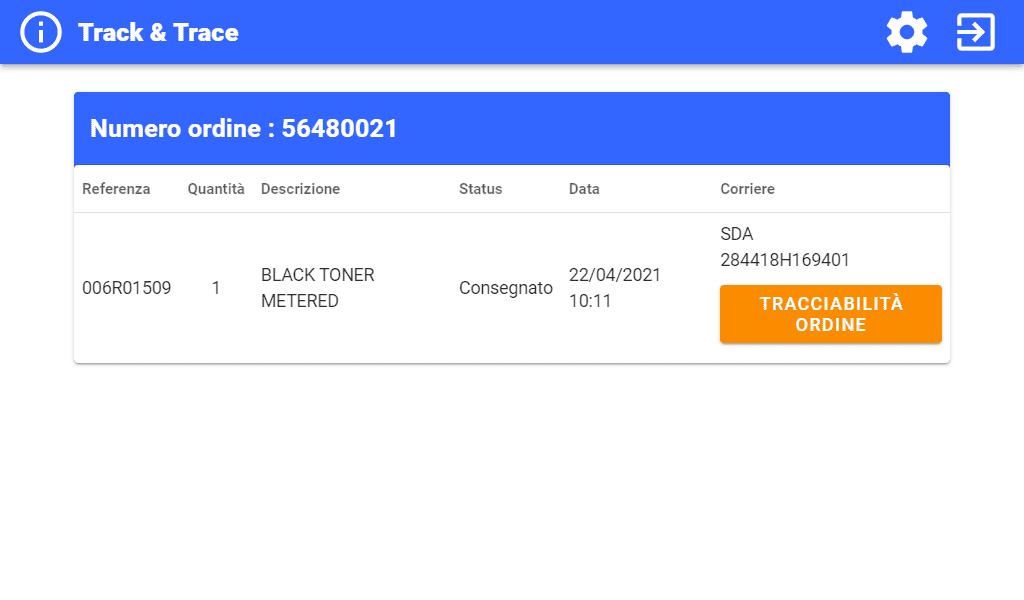 Applicazione Track & Trace - Schermata dell'ordine Schermata di configurazione Track & Trace Numero d'ordine