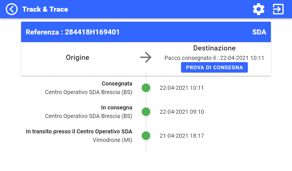 Applicazione Track & Trace - Schermata di riferimento, origine e destinazione Schermata di configurazione Track & Trace Riferimento, origine e destinazione