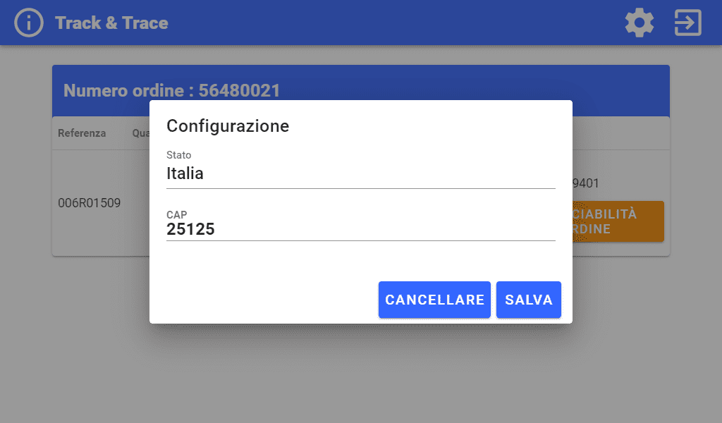 Applicazione Track & Trace - Schermata della consegna Schermata di configurazione Track & Trace Prova di consegna